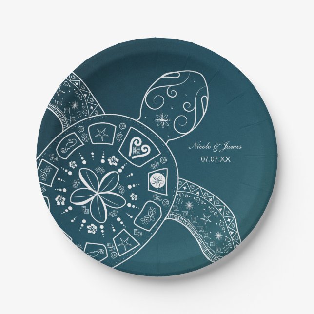 Hawaiian Sea Turtle White on Teal Beach Wedding Paper Plate (Front)