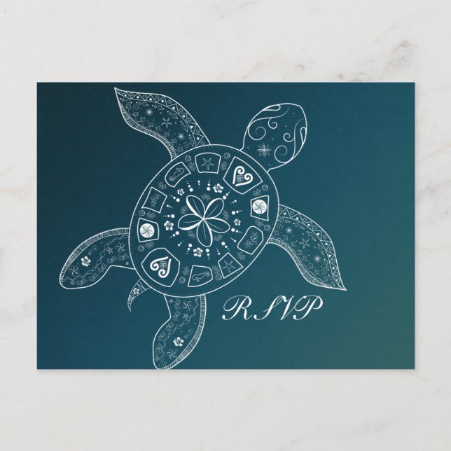 Hawaiian Sea Turtle White Teal Beach Wedding RSVP Invitation Postcard (Front)