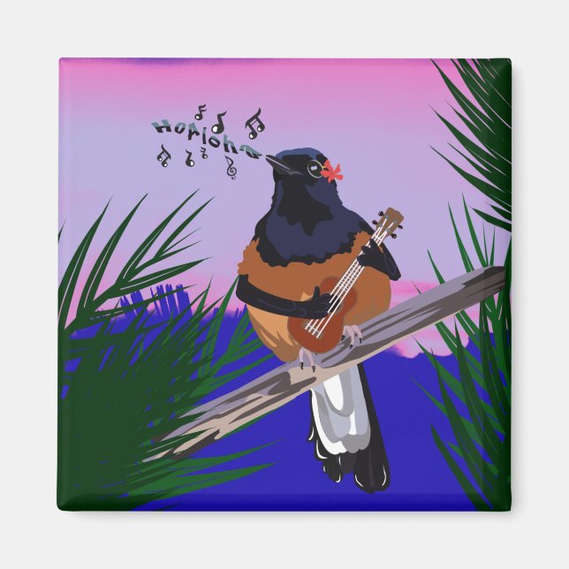 Hawaiian Shama Bird playing ukulele Magnet (Front)