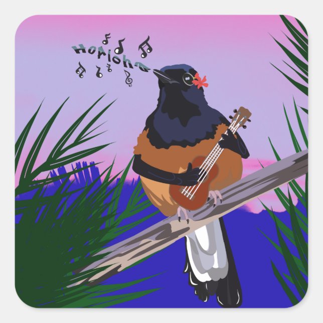 Hawaiian Shama Bird playing ukulele  Square Sticker (Front)