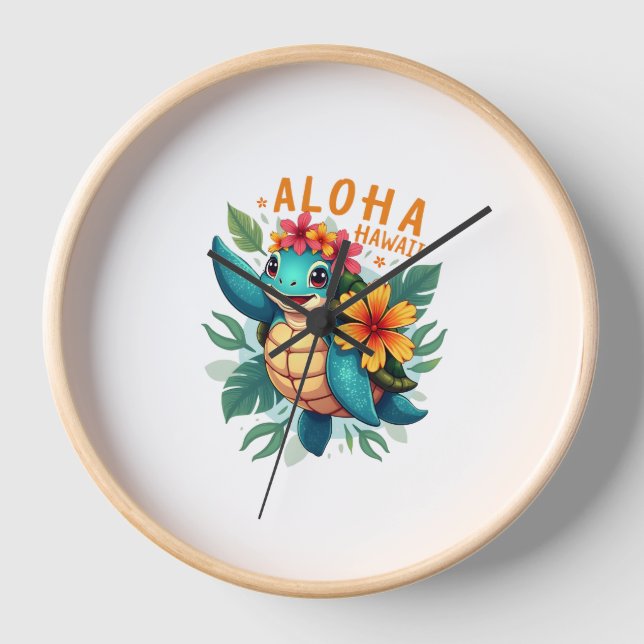 Hawaiian-Shirt Aloha Hawaii Sea Turtle Girl Women  Clock (Front)