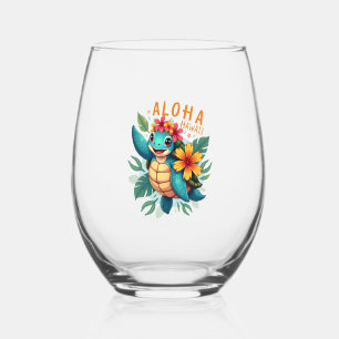 Hawaiian-Shirt Aloha Hawaii Sea Turtle Girl Women Stemless Wine Glass