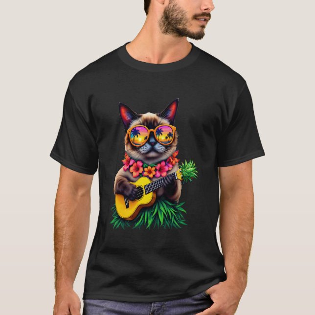 Hawaiian Siamese Cat & Pineapple Ukulele Summer Va T-Shirt (Front)