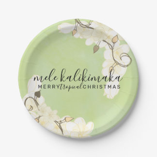 Hawaiian Soft Sun White Flowers Christmas: Green Paper Plate