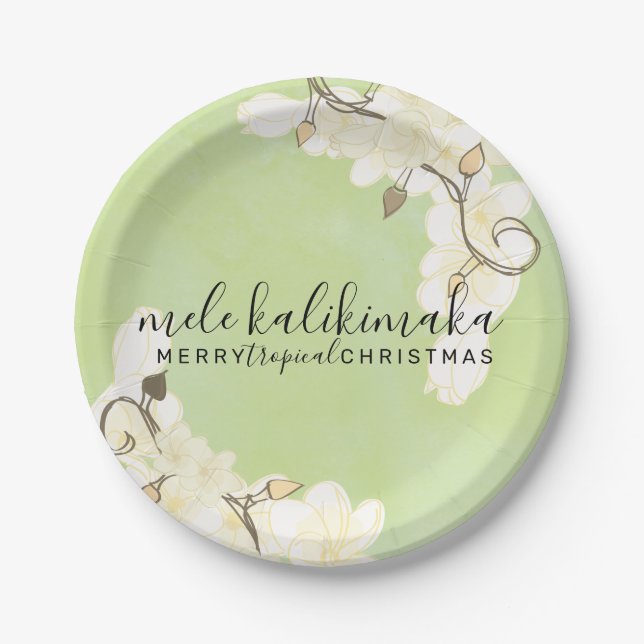 Hawaiian Soft Sun White Flowers Christmas: Green Paper Plate (Front)