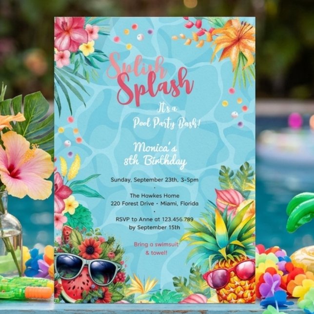 Hawaiian splish splash summer pool birthday bash invitation (Creator Uploaded)