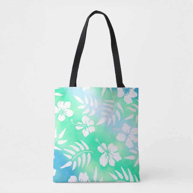 Hawaiian Style Hibiscus Green and Blue Floral Tote Bag (Front)