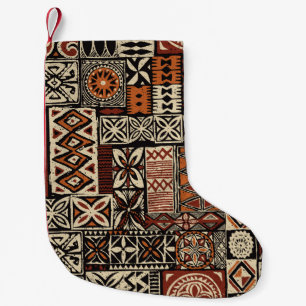 Hawaiian style tapa tribal fabric abstract patchwo small christmas stocking