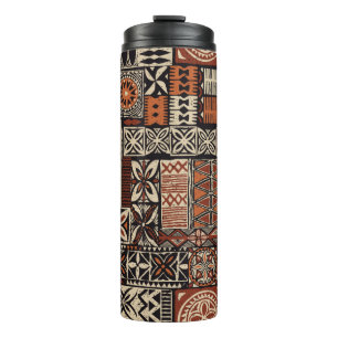 Hawaiian style tapa tribal fabric abstract patchwo thermal tumbler