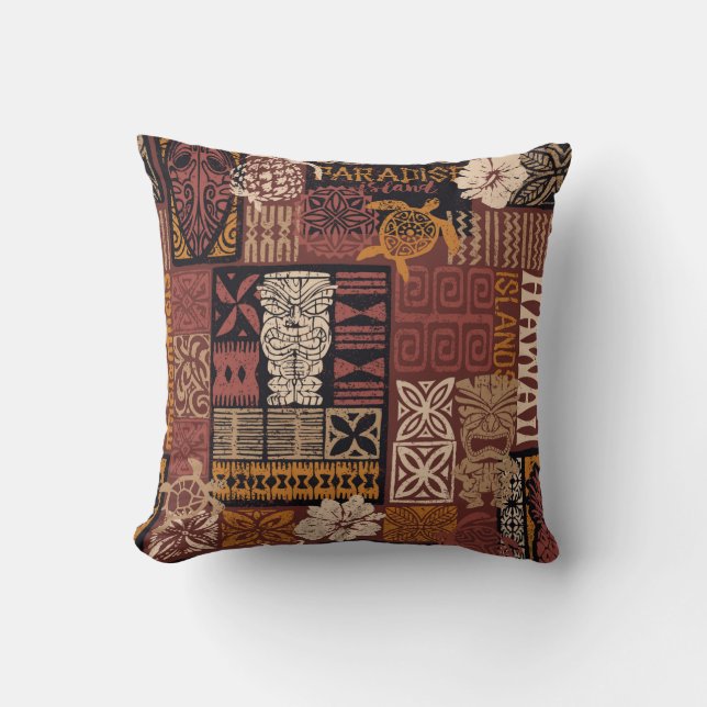 Hawaiian style tribal motif fabric patchwork abstr cushion (Front)