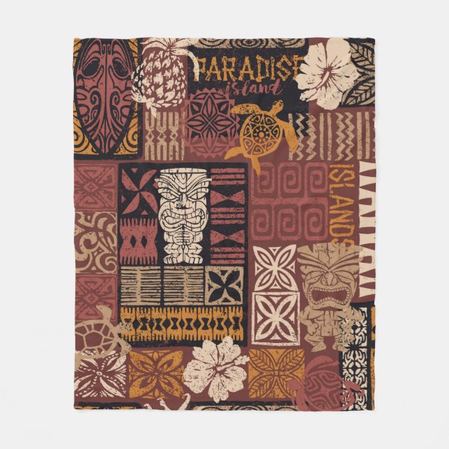 Hawaiian style tribal motif fabric patchwork abstr fleece blanket (Front)