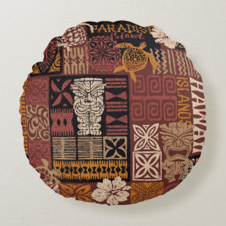 Hawaiian style tribal motif fabric patchwork abstr round cushion