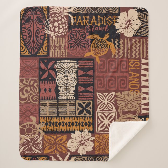 Hawaiian style tribal motif fabric patchwork abstr sherpa blanket (Front)