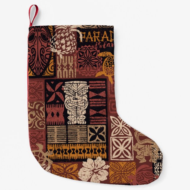 Hawaiian style tribal motif fabric patchwork abstr small christmas stocking (Front)