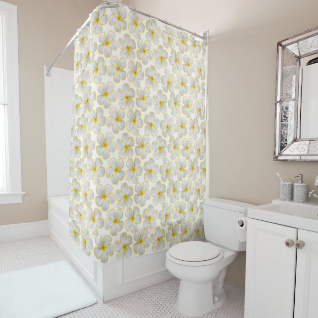 Hawaiian Style White Plumeria Flowers on white Shower Curtain (In Situ)