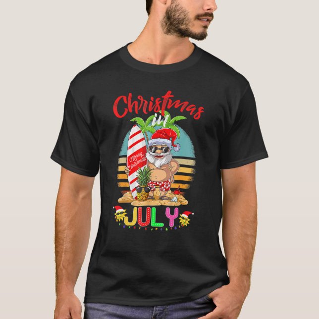 Hawaiian Summer Cool Santa Claus Surfing Christmas T-Shirt (Front)