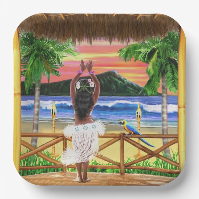 Hawaiian Sunset Hula Dancer Paper Plate (Front)
