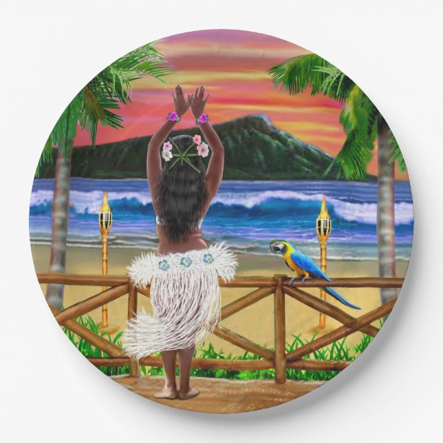 Hawaiian Sunset Hula Dancer Paper Plate (Front)