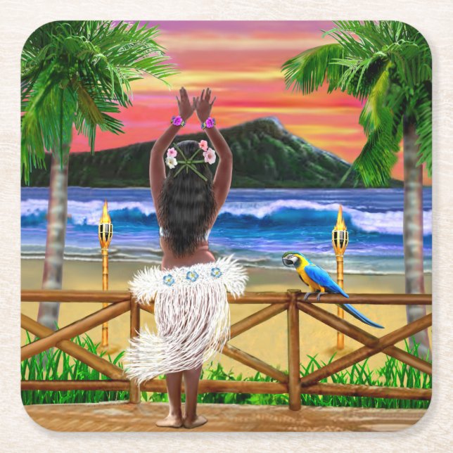 Hawaiian Sunset Hula Dancer Square Paper Coaster (Front)