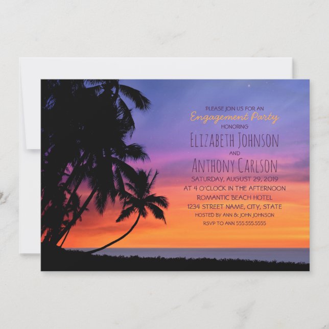 Hawaiian Sunset Palm Tree Beach Engagement Party Invitation (Front)