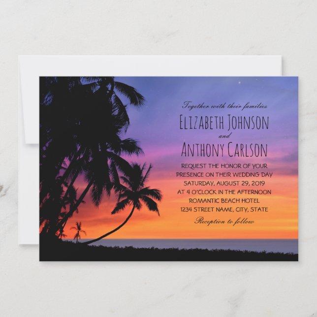 Hawaiian Sunset Palm Tree Beach Themed Wedding Invitation (Front)