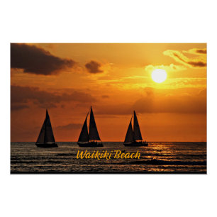 Hawaiian Sunset, Waikiki Beach, Poster