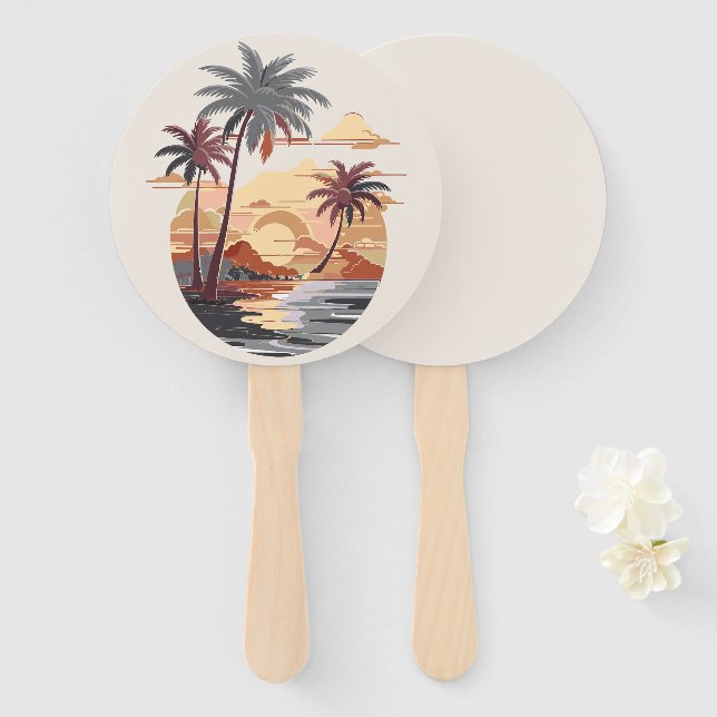 Hawaiian sunset with palm tree. hand fan (Front and Back)