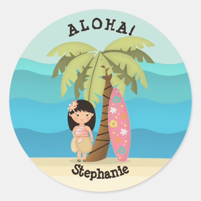 Hawaiian Surfer Girl Classic Round Sticker (Front)
