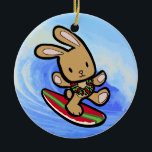 Hawaiian Surfing Bunny Holiday Cartoon Ceramic Tree Decoration<br><div class="desc">There is nothing better than a tropical vacation during the winter holidays! And even better, our adorable surfing bunny, Coco takes on the big waves on the North Shore of Oahu, Hawaii. He brings with him the Aloha sprit for the holidays and wishes you a "Mele Kalikimaka" (Merry Christmas). This...</div>
