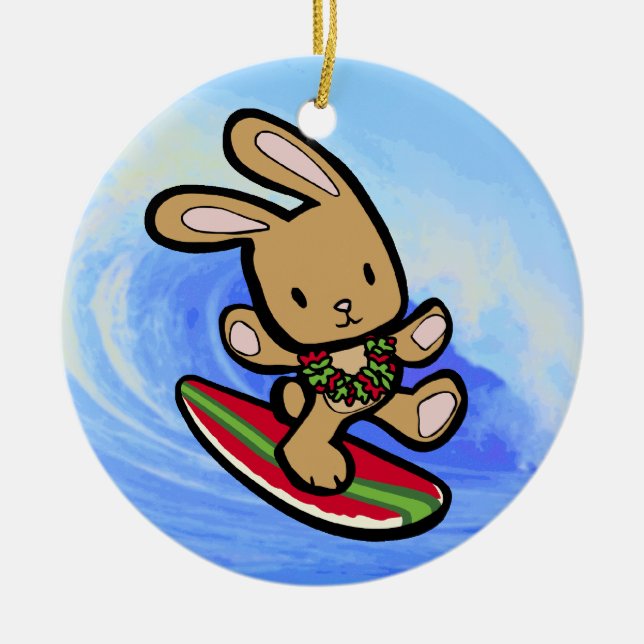 Hawaiian Surfing Bunny Holiday Cartoon Ceramic Tree Decoration (Front)