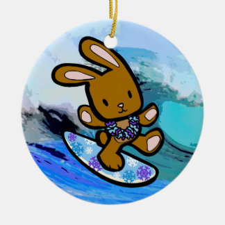 Hawaiian Surfing Bunny Holiday Cartoon Ceramic Tree Decoration