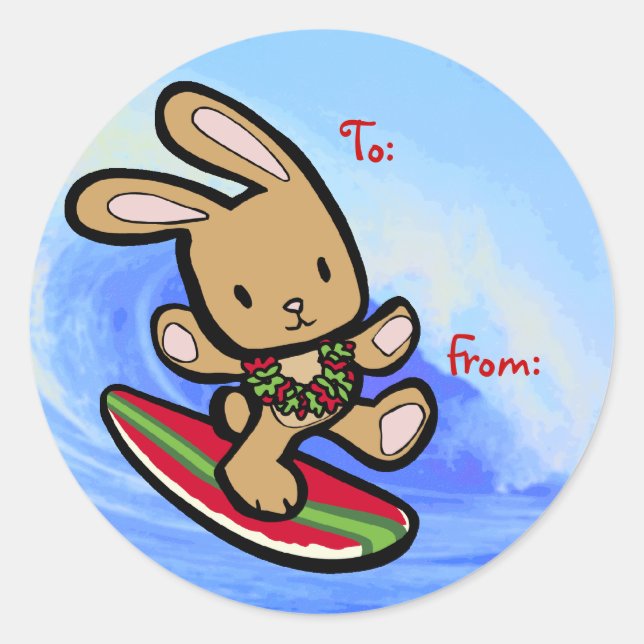 Hawaiian Surfing Bunny Holiday Cartoon Classic Round Sticker (Front)