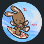 Hawaiian Surfing Bunny Holiday Cartoon Classic Round Sticker<br><div class="desc">There is nothing better than a tropical vacation during the winter holidays! And even better, our adorable surfing bunny, Coco takes on the big waves on the North Shore of Oahu, Hawaii. He brings with him the Aloha sprit for the holidays and wishes you a "Mele Kalikimaka" (Merry Christmas). This...</div>