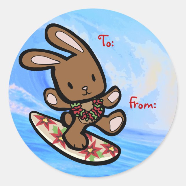 Hawaiian Surfing Bunny Holiday Cartoon Classic Round Sticker (Front)