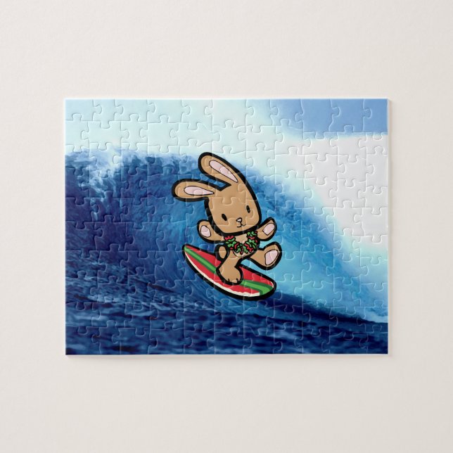 Hawaiian Surfing Bunny Holiday Cartoon Jigsaw Puzzle (Horizontal)