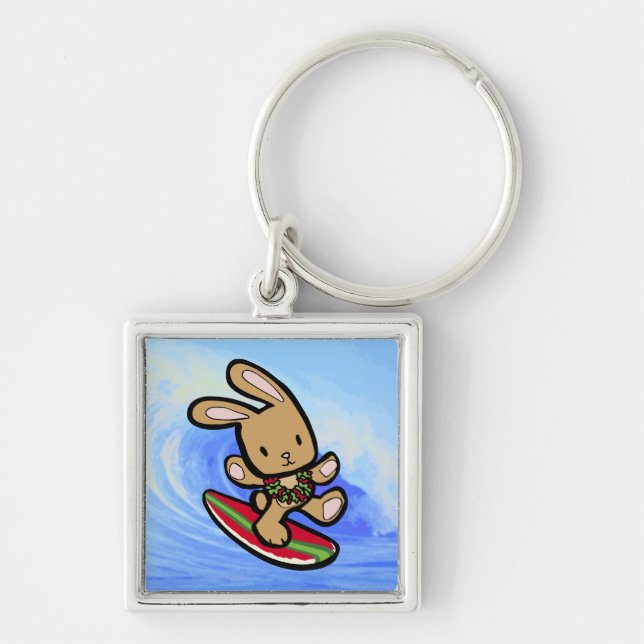 Hawaiian Surfing Bunny Holiday Cartoon Key Ring (Front)