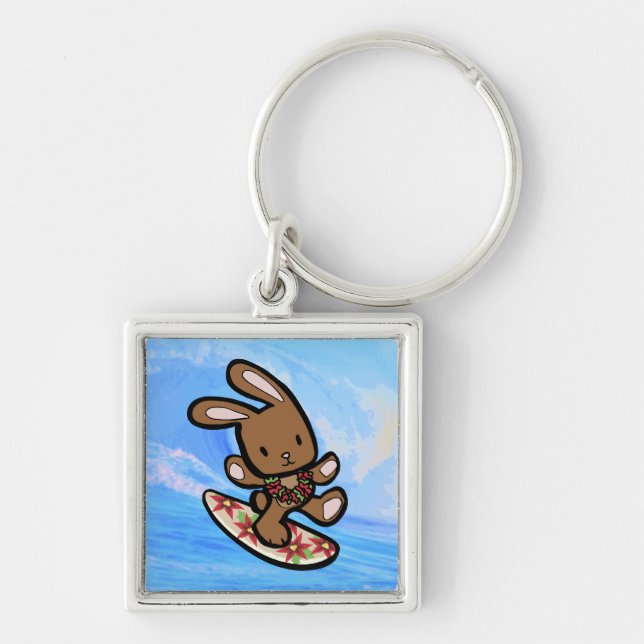 Hawaiian Surfing Bunny Holiday Cartoon Key Ring (Front)