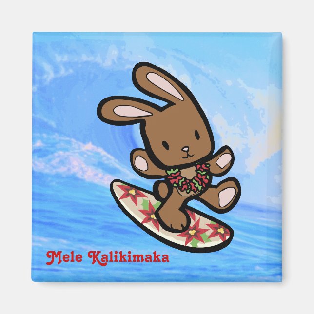 Hawaiian Surfing Bunny Holiday Cartoon Magnet (Front)