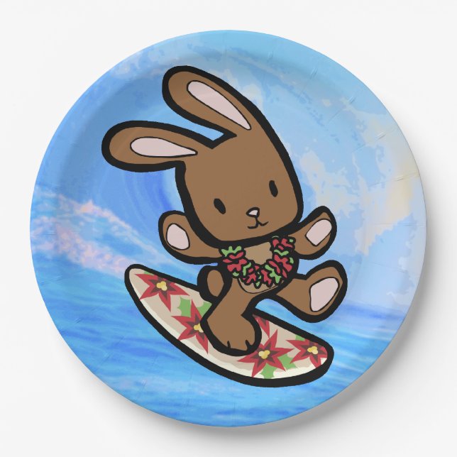 Hawaiian Surfing Bunny Holiday Cartoon Paper Plate (Front)