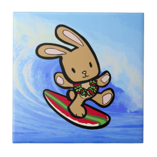 Hawaiian Surfing Bunny Holiday Cartoon Tile