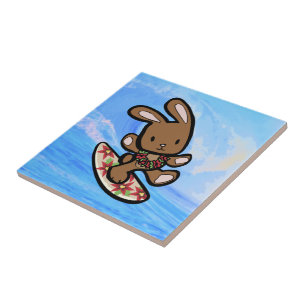Hawaiian Surfing Bunny Holiday Cartoon Tile