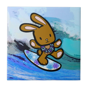 Hawaiian Surfing Bunny Holiday Cartoon Tile