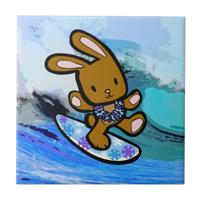 Hawaiian Surfing Bunny Holiday Cartoon Tile (Front)