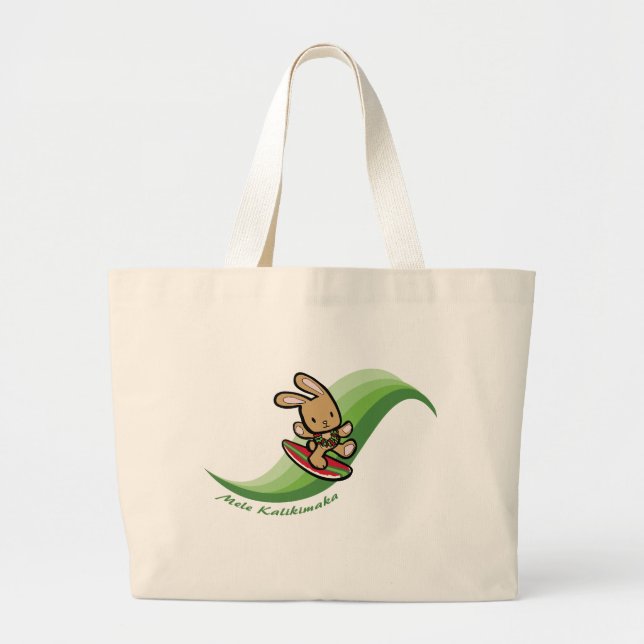 Hawaiian Surfing Bunny Holiday Green Cartoon Band Large Tote Bag (Front)