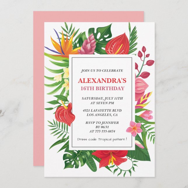 Hawaiian themed 16th birthday party Hibiscus Invitation (Front/Back)