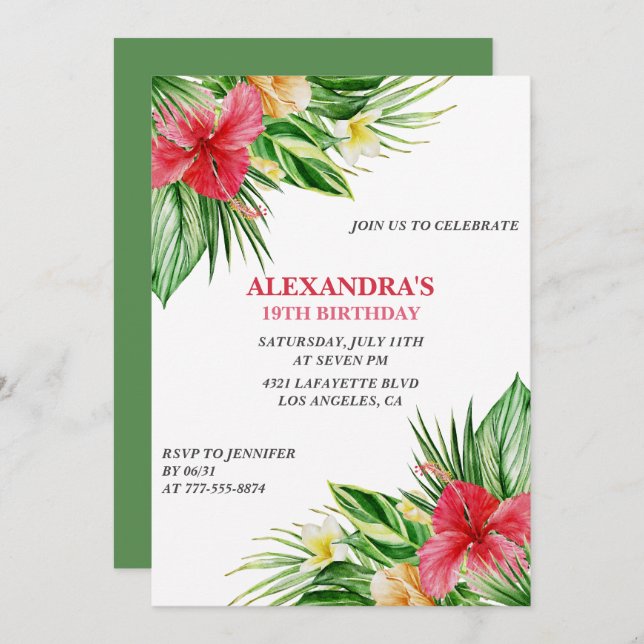 Hawaiian themed 19th birthday Floral Hibiscus Invitation (Front/Back)