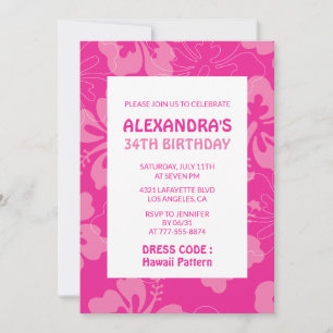 Hawaiian themed 34th birthday party pink invitation
