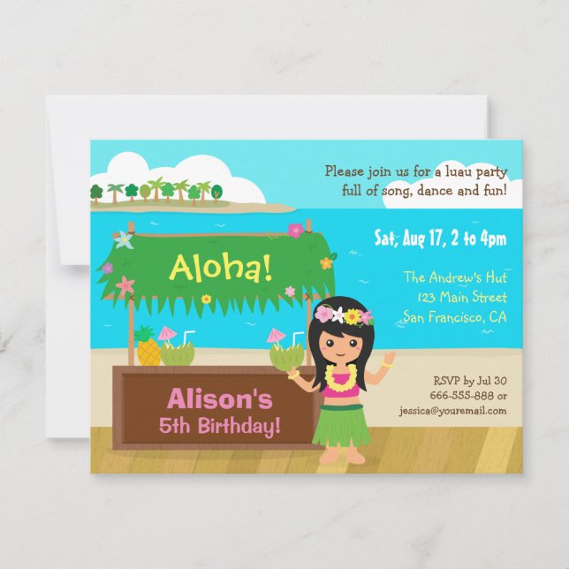 Hawaiian Themed Hula Girl Luau Birthday Party Invitation (Front)