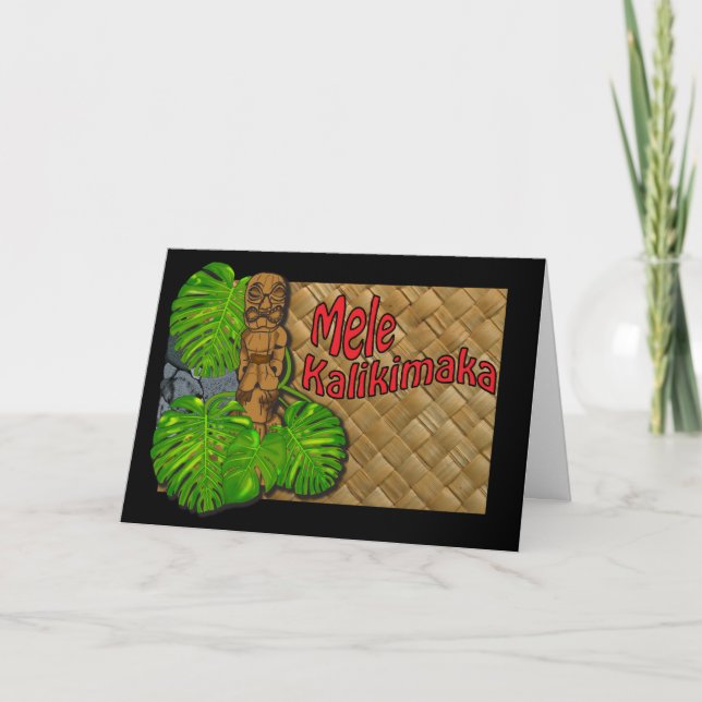 Hawaiian Tiki Lauhala Mele Kalikimaka Card (Front)