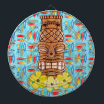 Hawaiian Tiki Mask Dartboard<br><div class="desc">Hawaiian Tiki Mask with yellow hibiscus flowers at it's base,  the state flower of Hawaii with a background pattern of retro surfboards.</div>